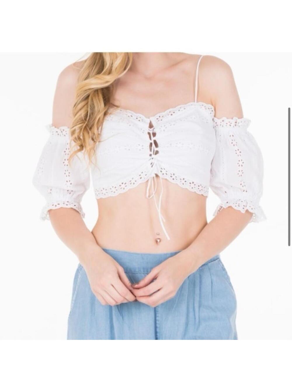 GUESS USA white eyelet tie corset ruffle cropped off shoulder top